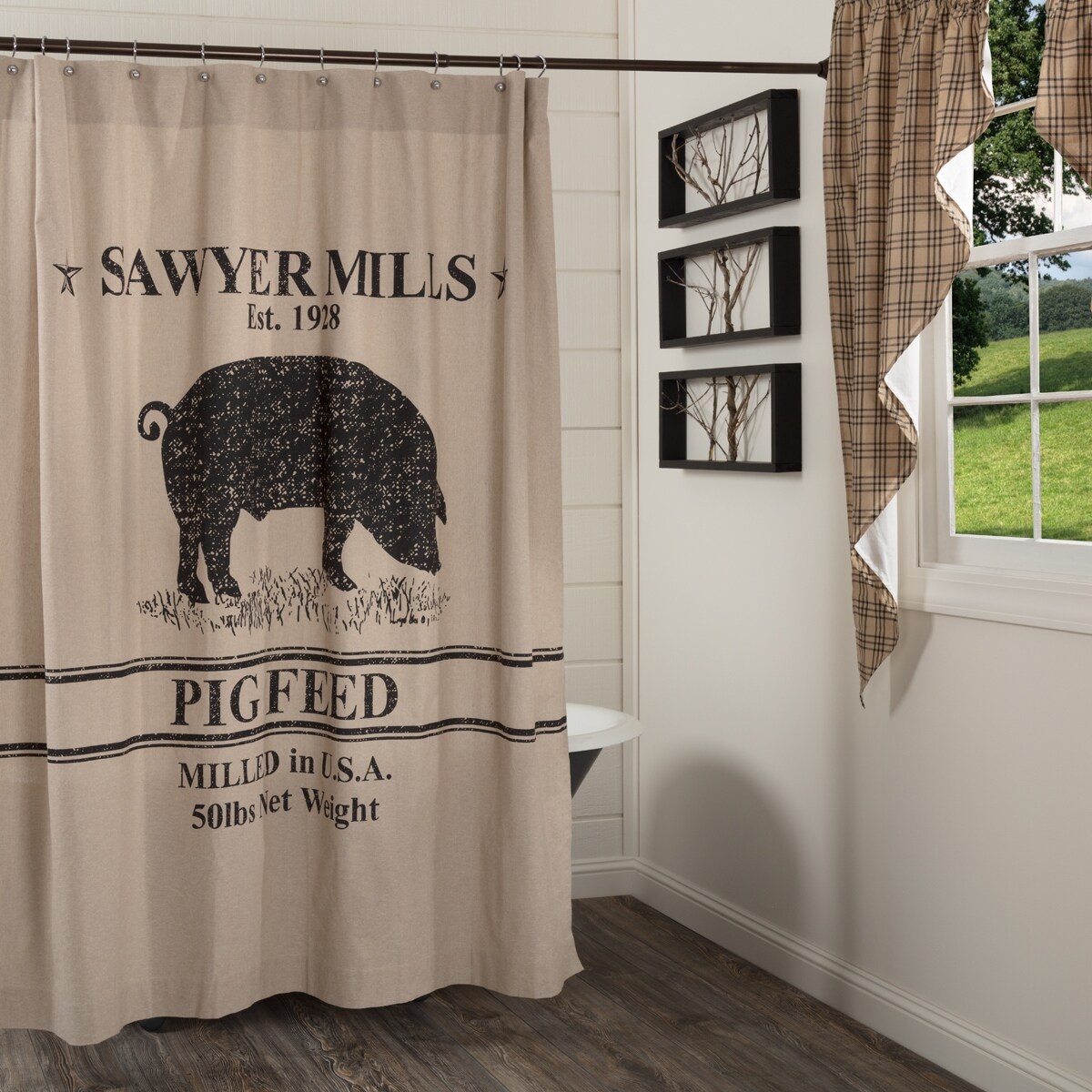 Bathroom Waterproof Fabric Shower Curtain Set Striped Two Cute Pig Design 72x72" 