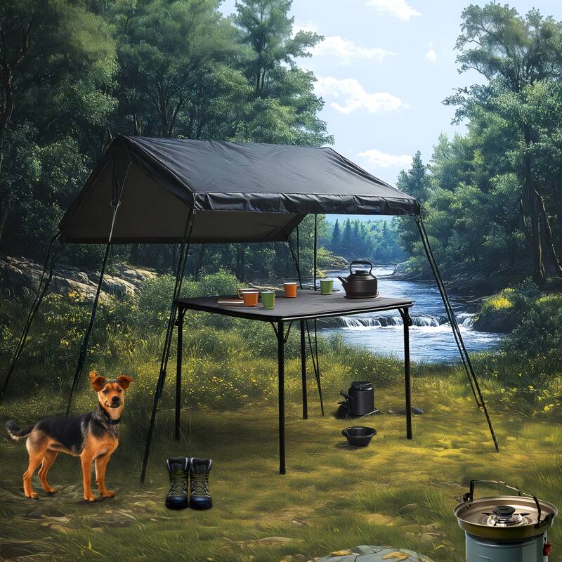 Homy Casa Outdoor Square Patio Dining Table, Black PVC Top, Metal Legs