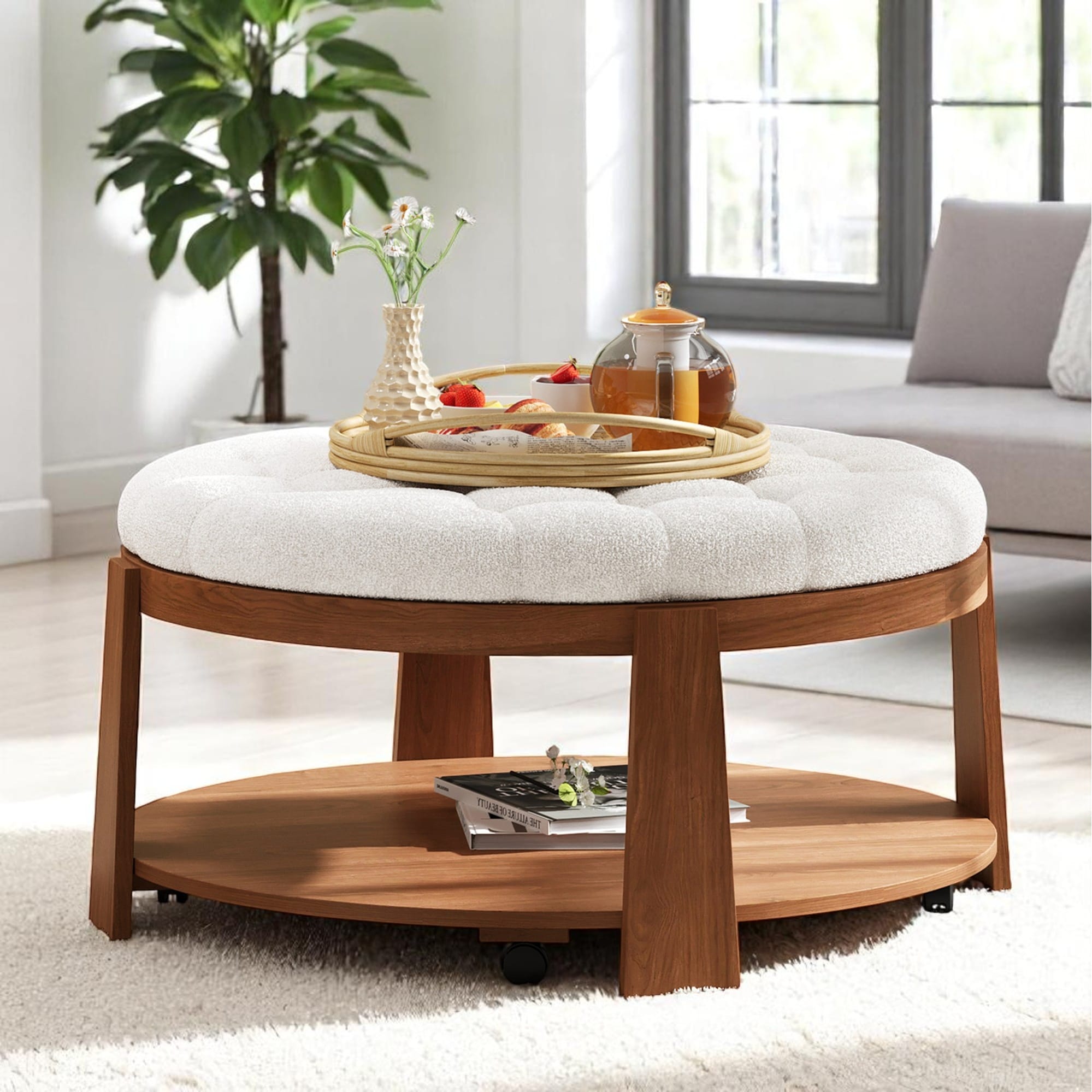 Modern 36" Round 2-Tier Ottoman Coffee Table with Wheels,Button Tufted Waterproof Linen Top & Wood Storage Shelf for Living Room