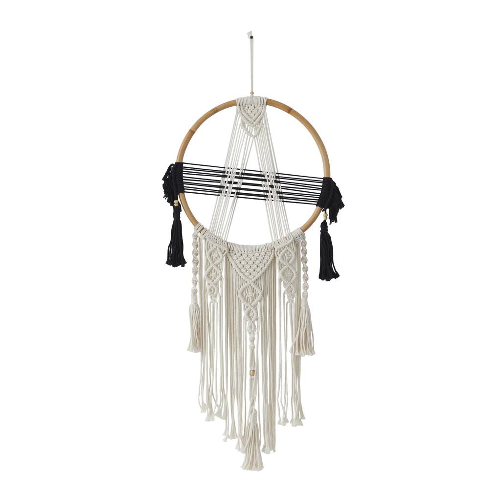Cotton Fabric Macrame Handmade Intricately Weaved Wall Decor with Beaded Fringe Tassels - Black - Roche River Decor