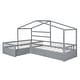 preview thumbnail 21 of 20, Twin Size House Platform Bed with 3 Storage Drawers, Wooden Daybed for 2, L -Shaped Double Bedframe with Roof & Fence