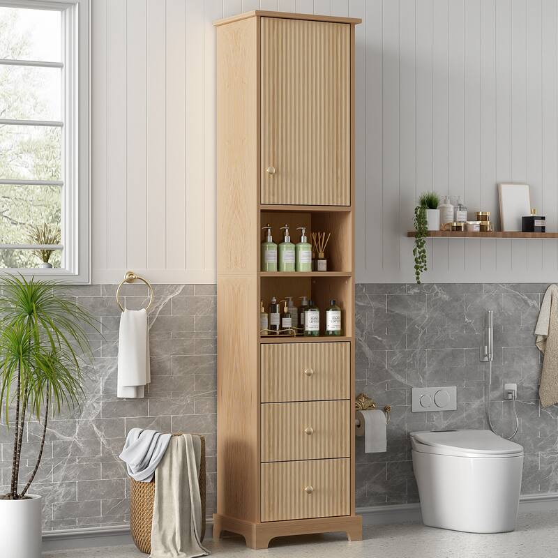 Vertical Stripe Accents Cabinet Freestanding Tall Cabinet for Bathroom with 1 Door, 3 Drawers, Open Storag and Adjustable Shelf