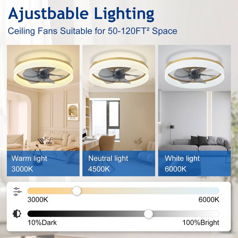 Ceiling Fan with Light: Low Profile, App Remote Control, 6-Speed, 3 CCT, Quiet DC Motor, Dimmable LED, 20" /16"