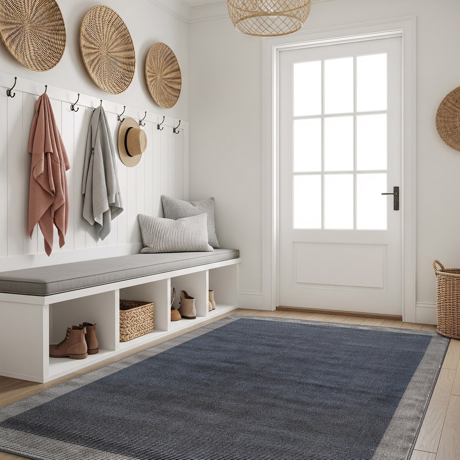 Modern Geometric Stripe Bordered Area Rug for Living Room, Bedroom, or Entryway - Low Pile Indoor Rug