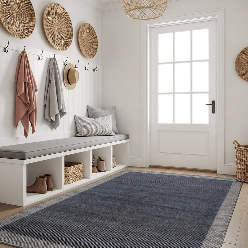 Modern Geometric Stripe Bordered Area Rug for Living Room, Bedroom, or Entryway - Low Pile Indoor Rug - Navy - 4' x 6'