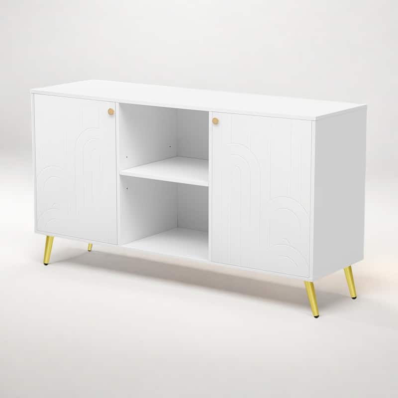 53.1"Modern TV Stand with Gold Metal Legs with Open Shelves and Cable Management - White