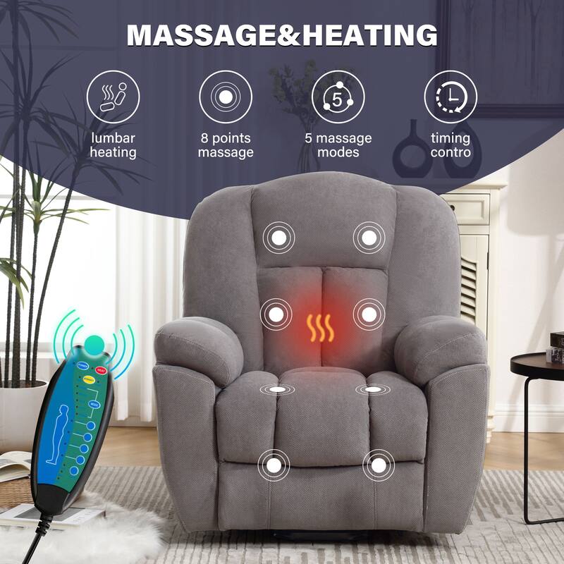 Grey Electric Power Lift Recliner Chair featuring Heat, Massage, Infinite Positions, USB Charging, and Side Storage