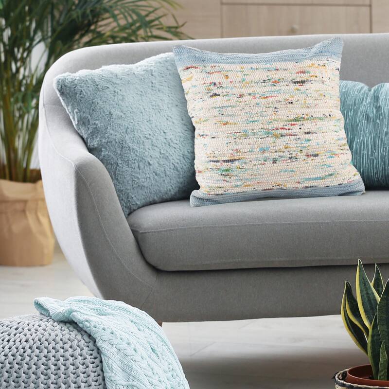 Hand Woven Abstract Square Throw Pillow - 20" - Eggshell Blue and White