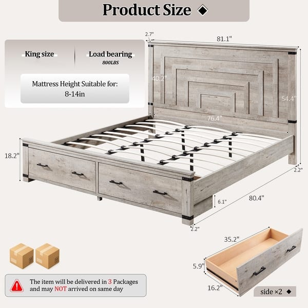 dimension image slide 3 of 13, Farmhouse Wood Bed Frame with 54" Tall Headboard, 2 Large Drawers