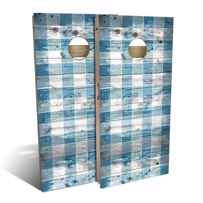 Blue Checkered Outdoor Cornhole Board Set - Backyard 2x4 - Include Case + Hole Lights