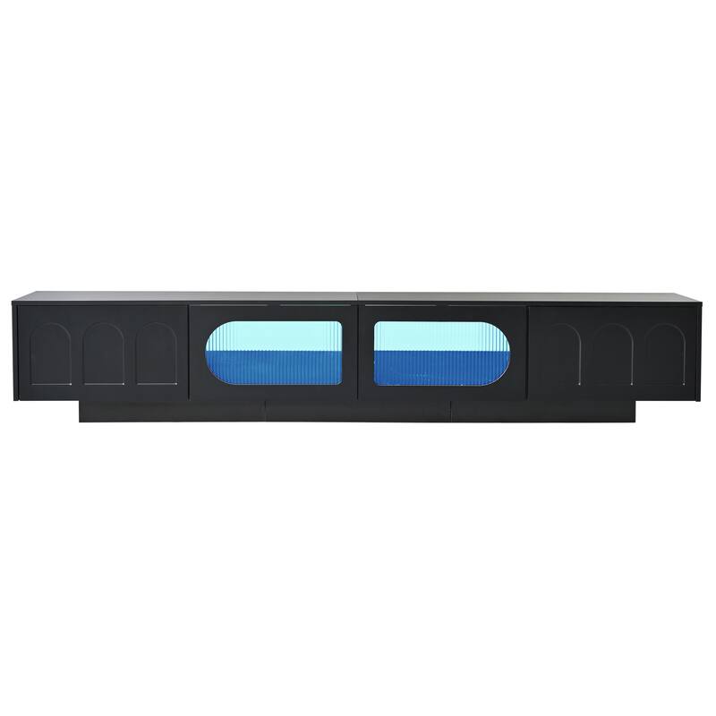 Functional TV Stand with Geometric Fluted Glass Doors, APP-Controlled LED Lighting for TVs Up to 95", Storage Cabinet & Drawers