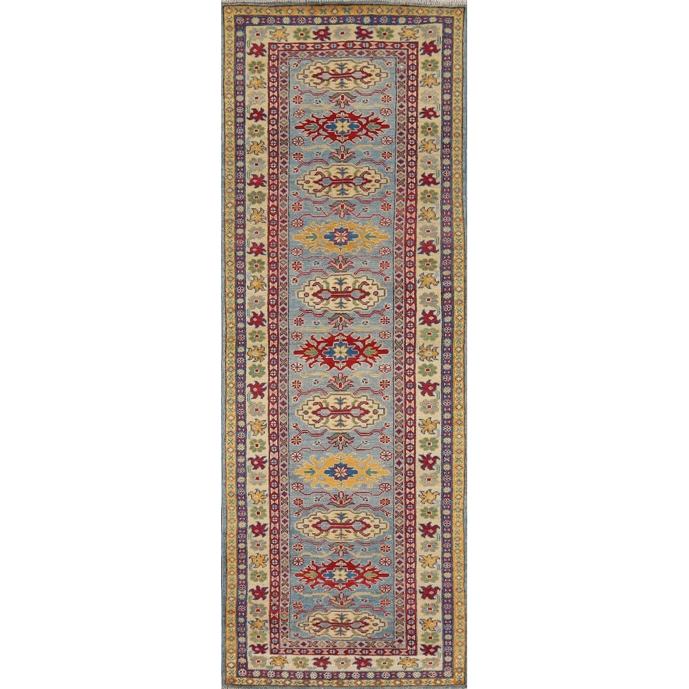 Geometric Kazak Oriental Runner Rug Hallway Handmade Wool Carpet - 2'8" x 9'4"