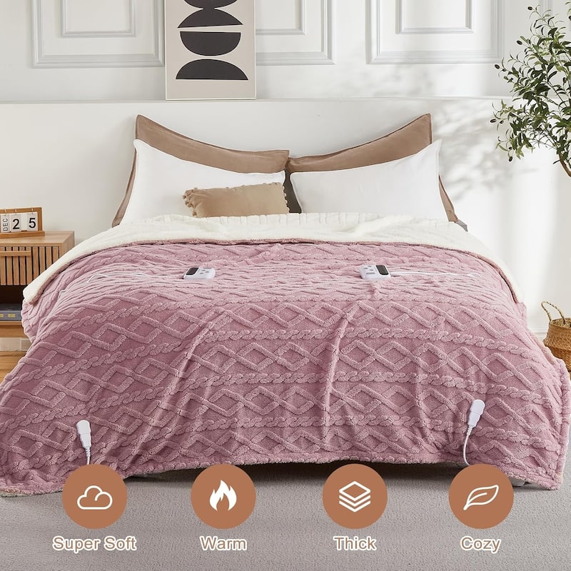 Heated Throw Blanket - Thick Tufted Sherpa Electric Blanket Throw with 10 Heating Levels and 10 Time Settings