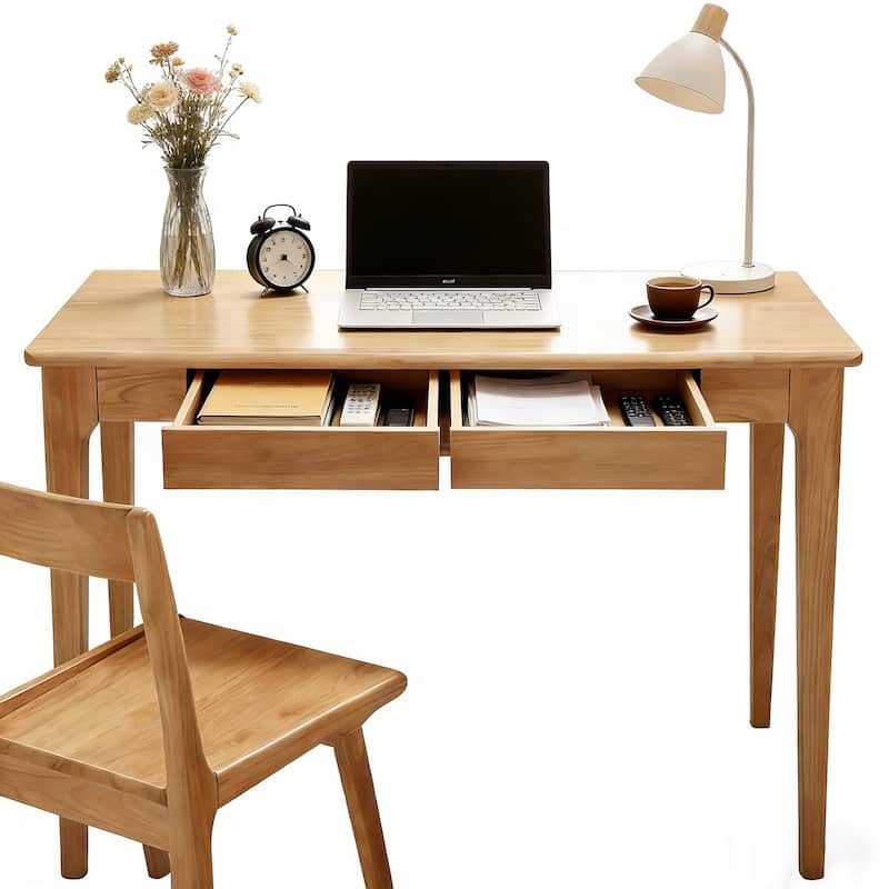 Solid Wood Desk with Drawers, Standing Desk with Smooth Edges, Home Office Desk for Small Spaces, for Bedroom, Living Room