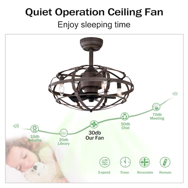 18 inch Low Profile Small Caged Ceiling Fan with Remote Control, 6 Speed Industrial Ceiling Fan Light Kit