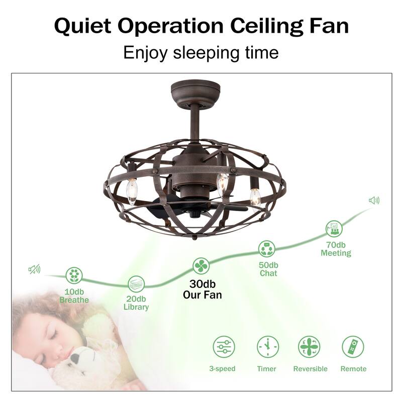 Modern Enclosed Ceiling Fan Light with Reversible Motor and Remote Control, Adjustable Fan Speed for Bedroom and Living Room