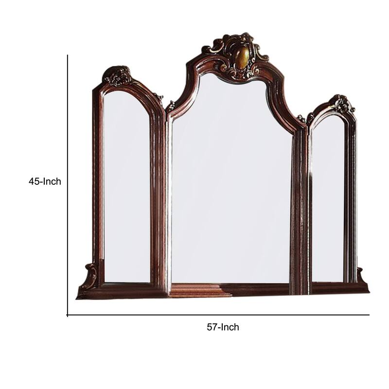 Wooden Frame Mirror with Arched Design and Carved Details, Brown
