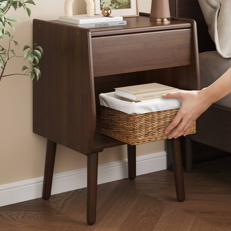 Nightstand With Drawer And Open Compartment, Solid Wood Legs