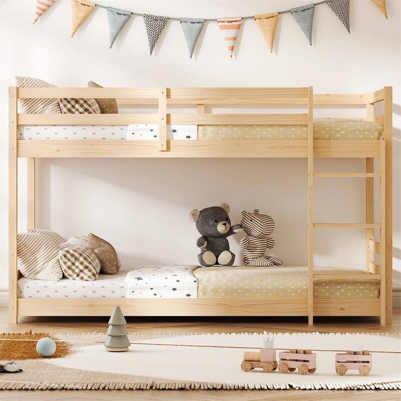 Kids Low Floor Bunk Bed Twin Over Twin With Guard Rails And Stairs