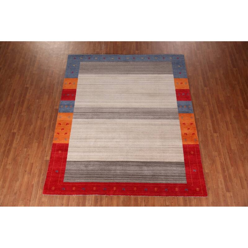 Striped Gabbeh Indian Area Rug Hand-Knotted Wool Carpet - 8'2" x 9'7"