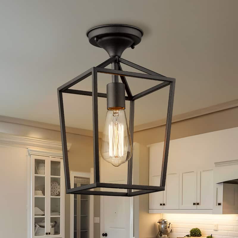 Black Metal 12.9" Caged Semi Flush Mount Ceiling Lighting