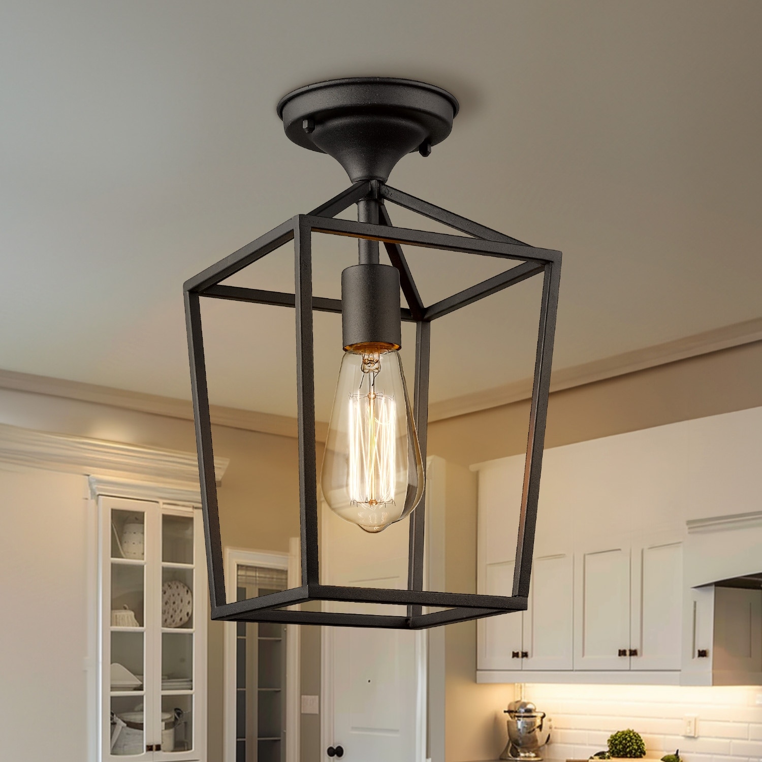 Black Metal 12.9" Caged Semi Flush Mount Ceiling Lighting