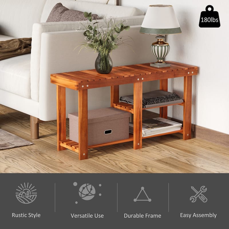 Teak Ottoman Bench Shoe Rack Bench with Three Tier Open Shelves, Wooden Dining Bench Window Bench Decorative Bench