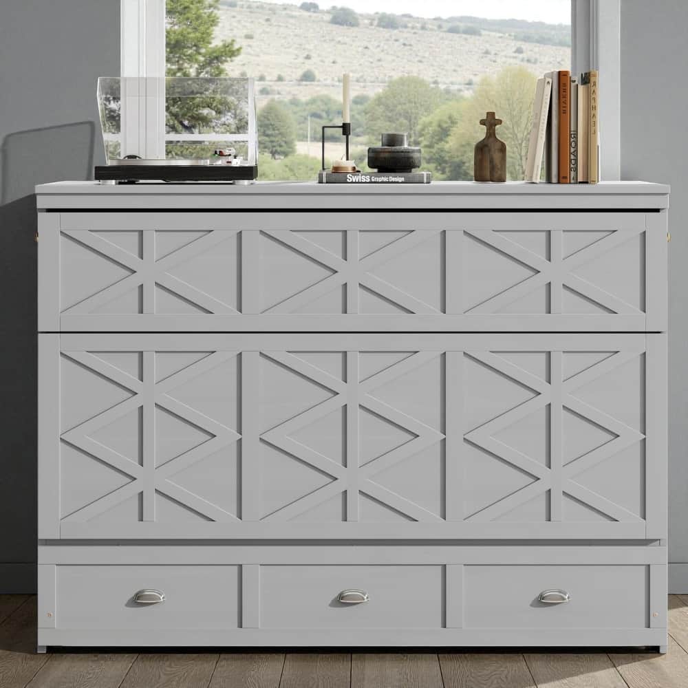 Queen Size Murphy Bed with USB Ports and Large Storage Drawers, Space-Saving Wall Bed Cabinet, Modern Brushed Finish