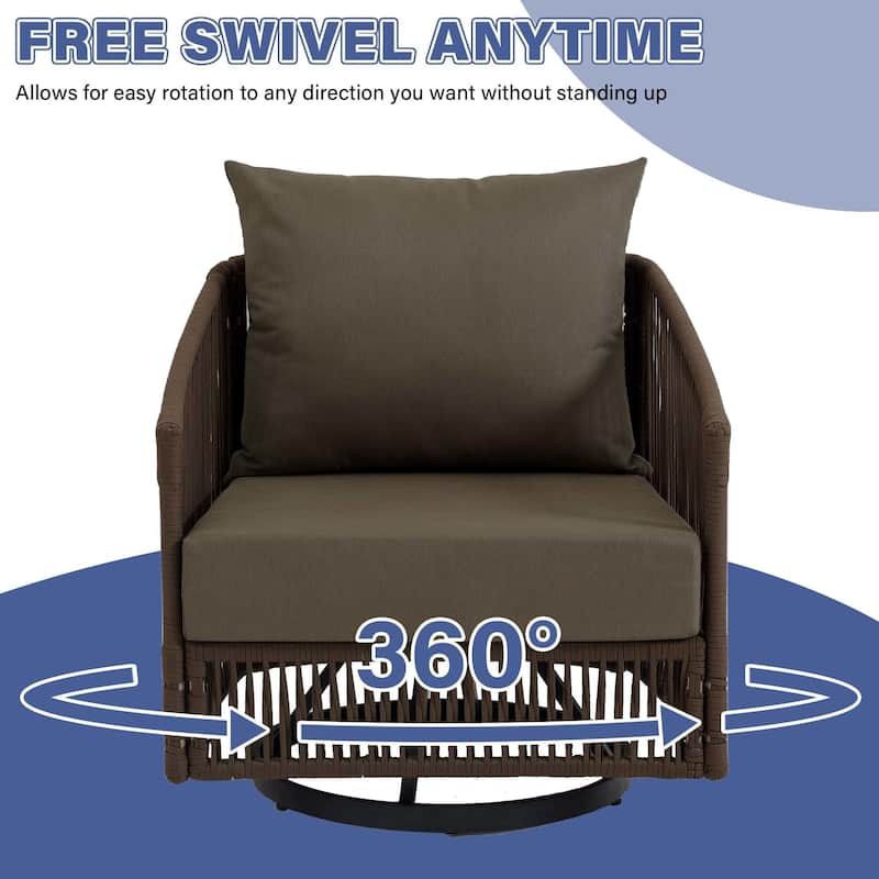 3 Piece Patio Woven Rope Swivel Chair Seating Group with Cushions