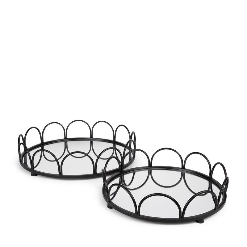 HomeRoots Set of Two Black And Silver Metal And Mirrored Glass Round Vanity Trays - 18.90 in. x 4.33 in. x 18.90 in.