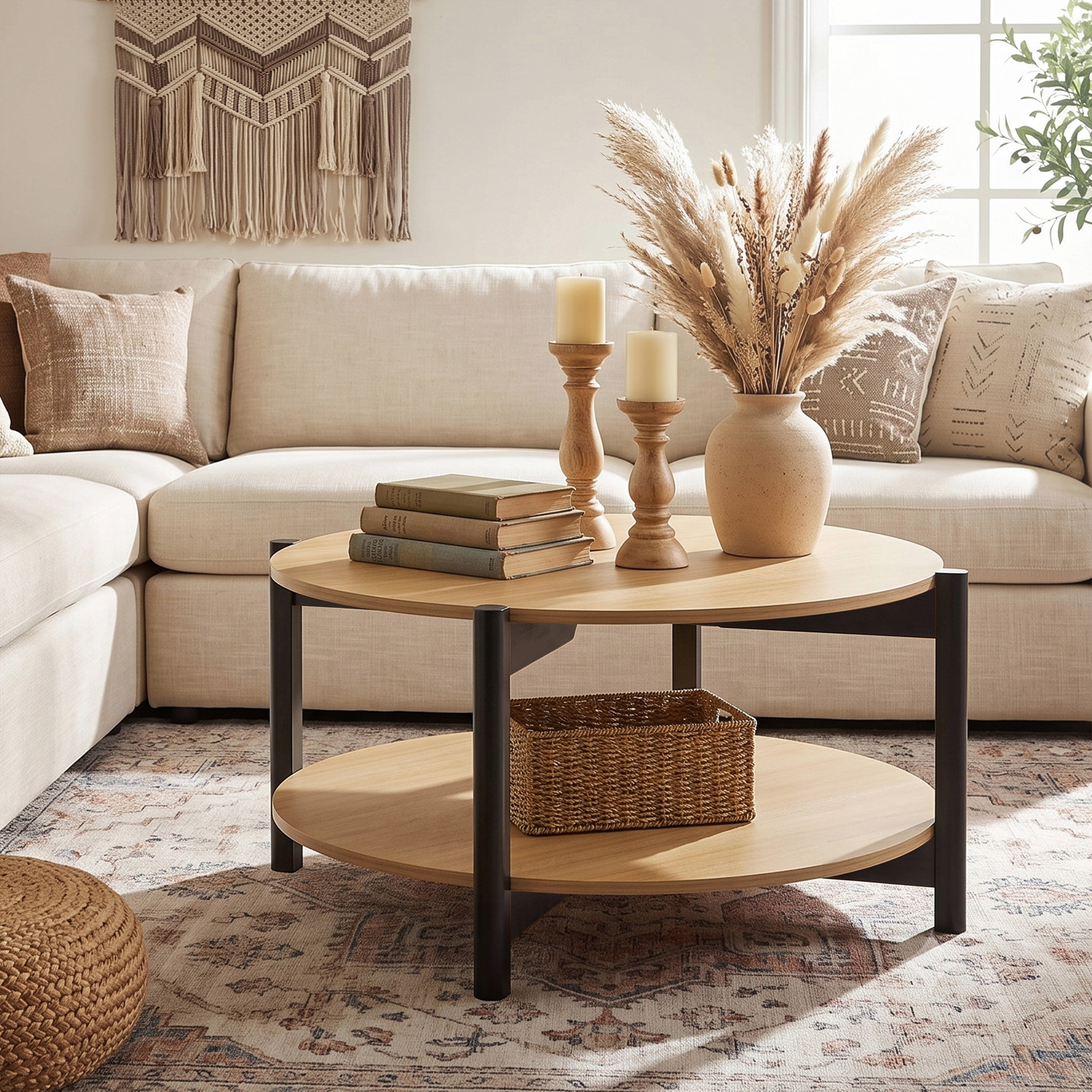 Furniture of America Rovion Round Wood Coffee Table with Open Bottom Shelf