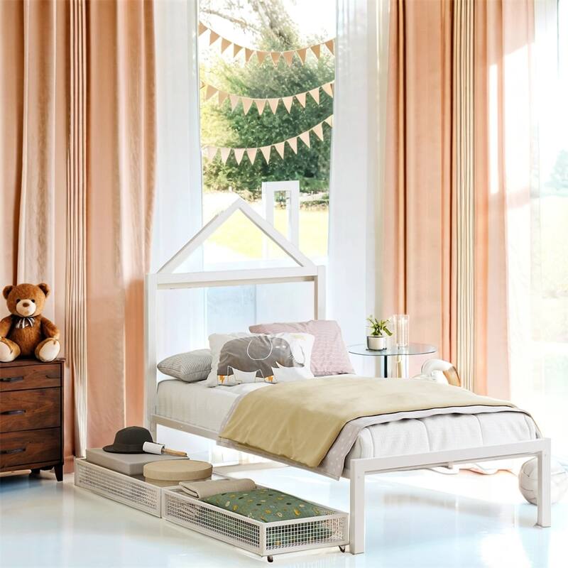 Twin Size House Shaped Metal Platform Bed with Drawers