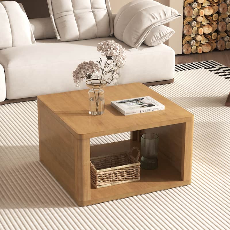 Square Coffee Table in Farmhouse Coffee Table with Storage,2-Tier Center Table with Half Open Storage Compartment in 30.8" - Natural