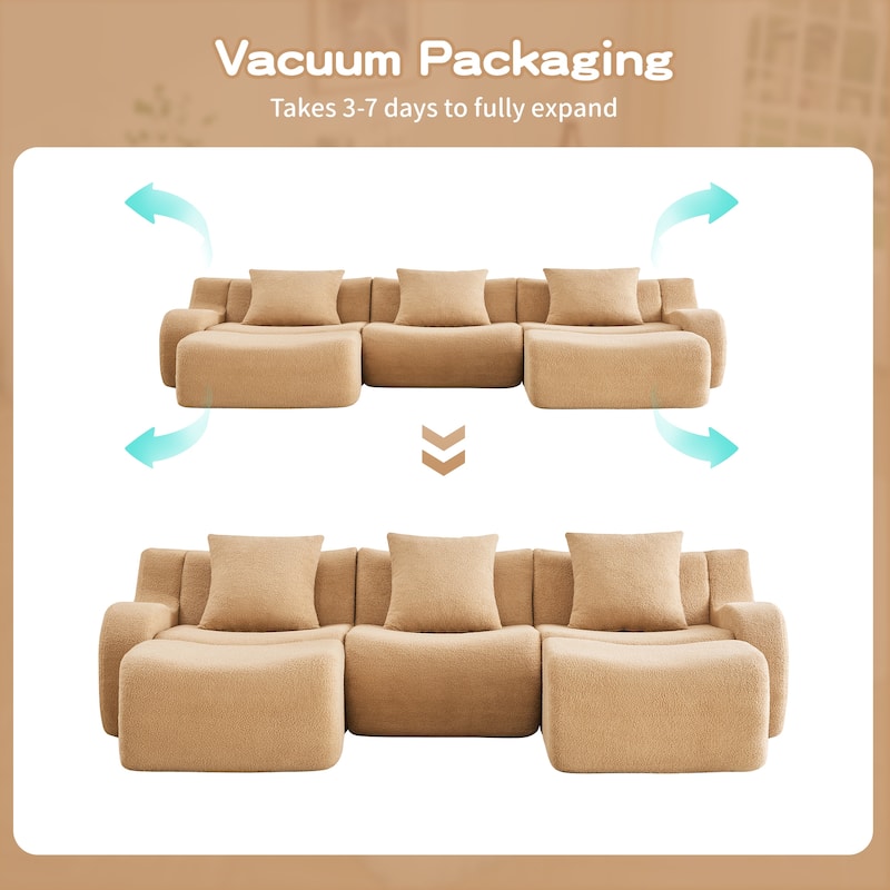 Sectional Couches for Living Room U-Shaped Boneless Couch, 3-Seat Sofa with Movable Ottoman, Floor Modular Teddy Fabric Sofa