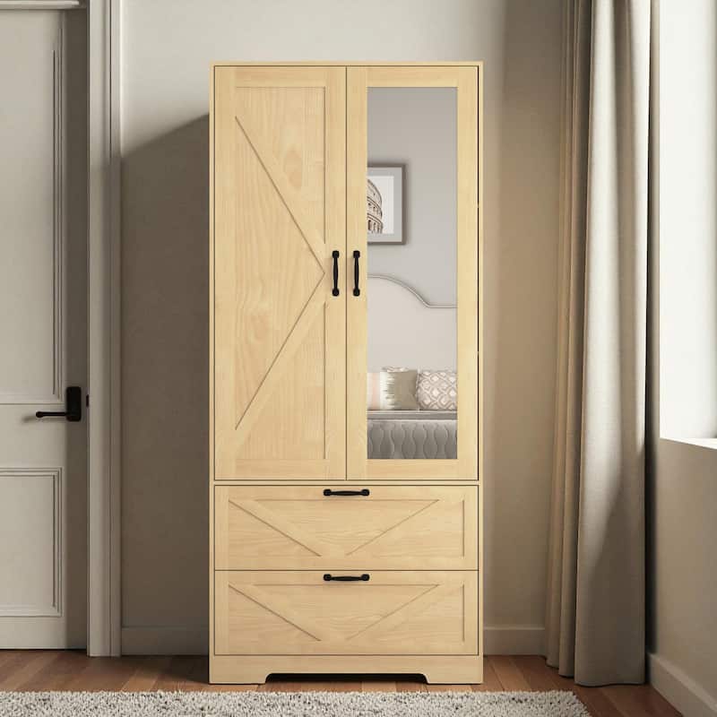 2-Door Wood Wardrobe with Hanging Rod Induction Light and 2 Drawers Bedroom Closet Storage Cabinet with Mirror - Natural