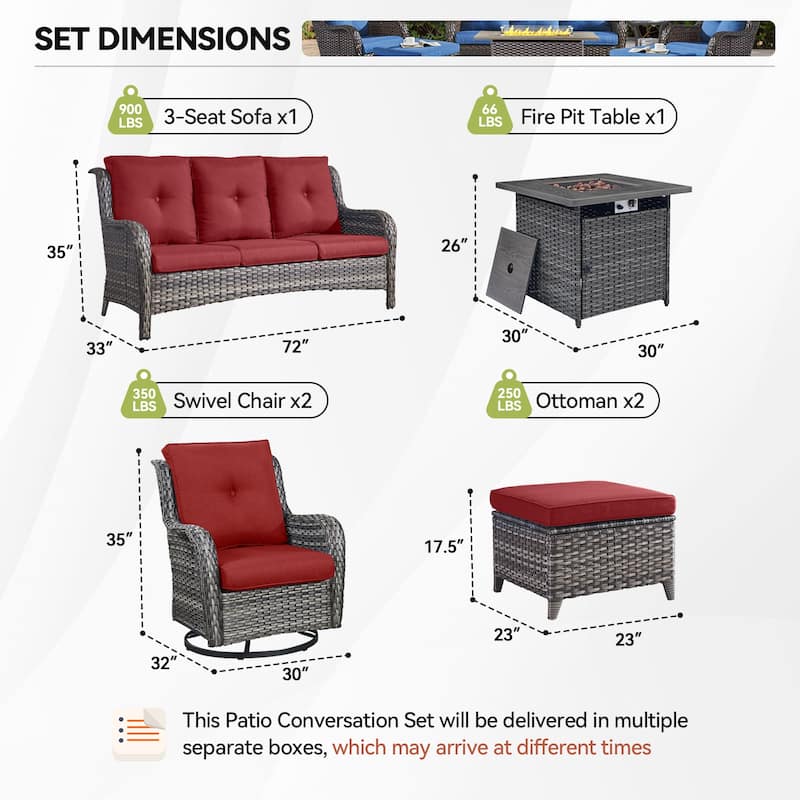 Gymojoy 6-Piece Outdoor Furniture Sofa Set with 2 Swivel Chairs, 2 Ottomans & 55K BTU Fire Pit Table