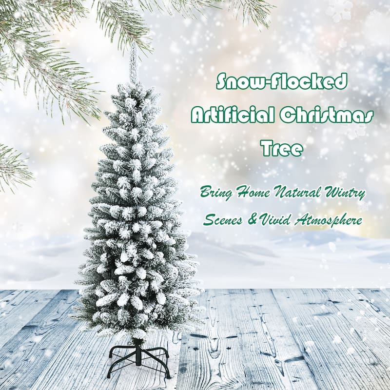 4.5ft Snow-Flocked Hinged Artificial Christmas Pencil Tree w/ 373 - See details