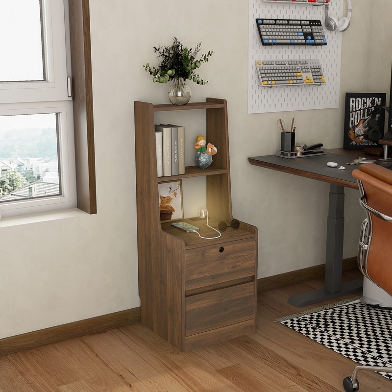Modern Nightstand with Charging Station, Night Light, Bookshelf and Storage for Bedroom