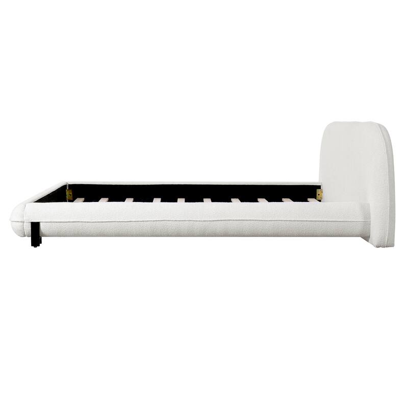 Upholstered Bed with Thick Headboard, Boucle Fabric Platform Bed Frame with Steel Legs, Wooden Slat Support