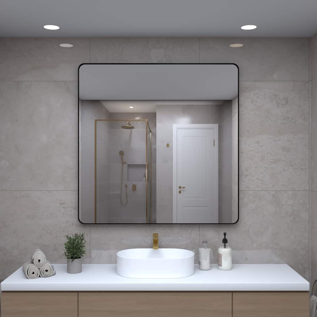 36 in x 36 in Inch Black Metal Framed Square Tempered Bathroom Mirror for Wall - 38.9