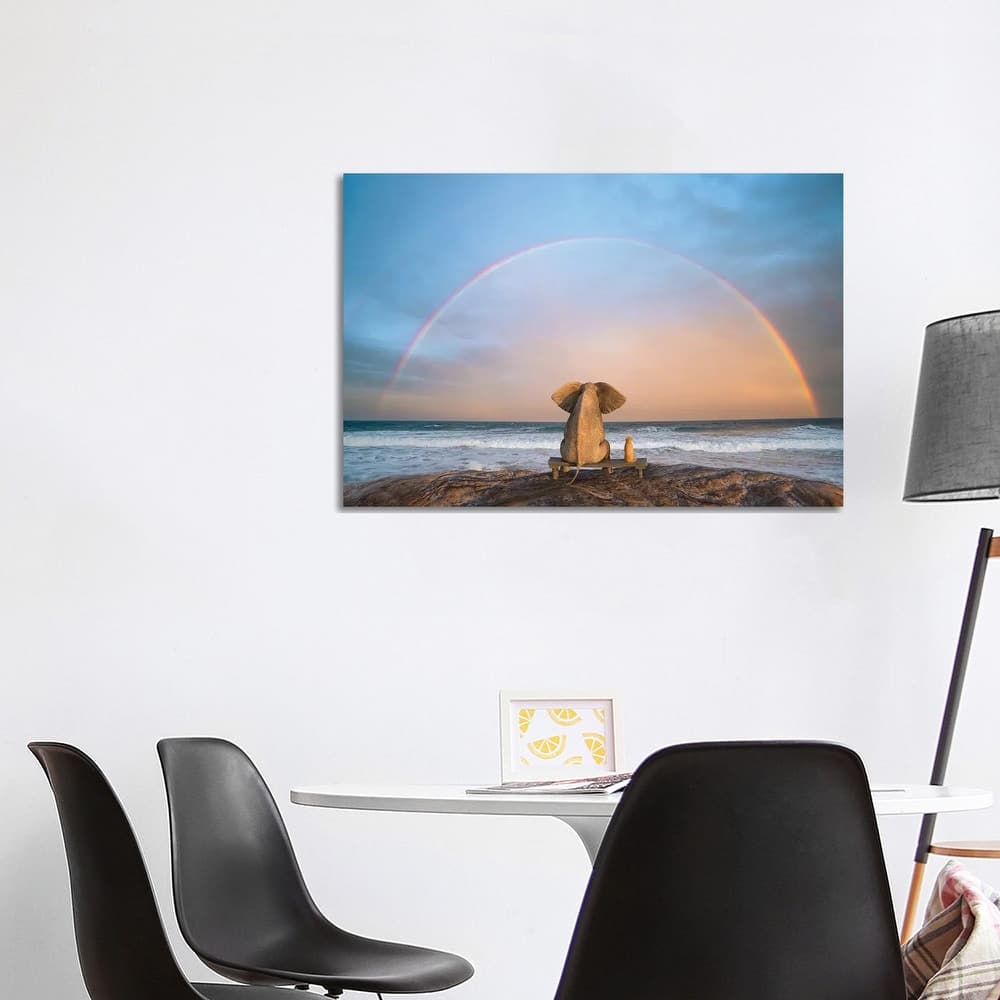 iCanvas "Elephant And Dog Sit On The Beach And Look At The Rainbow" by Mike Kiev Canvas Print