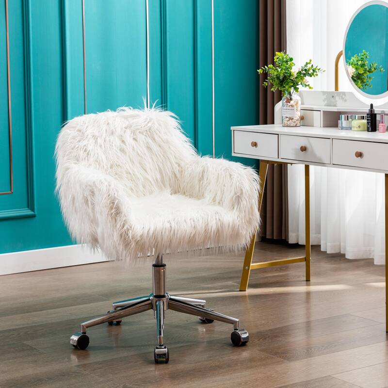 Modern Faux fur home office chair, fluffy chair for girls, makeup vanity Chair with Gold Plating Base - White