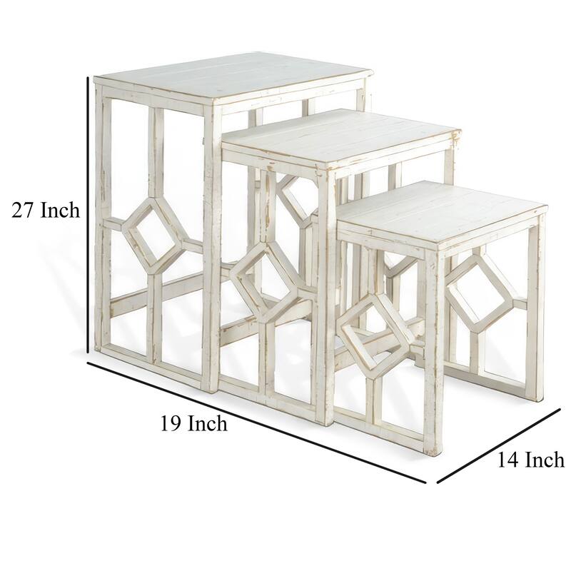 Rena 3 Piece Nesting Accent Table Set, Slatted, Rustic White Mahogany