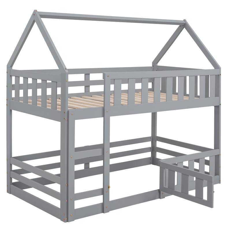 Gray Twin Over Twin House Bunk Bed with Fence and Door