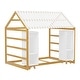 preview thumbnail 15 of 25, Wooden Slat Roof House Bed Kids Floor Bed Frame with 2 Movable Wardrobes, Panel Bed with Fence and Roof