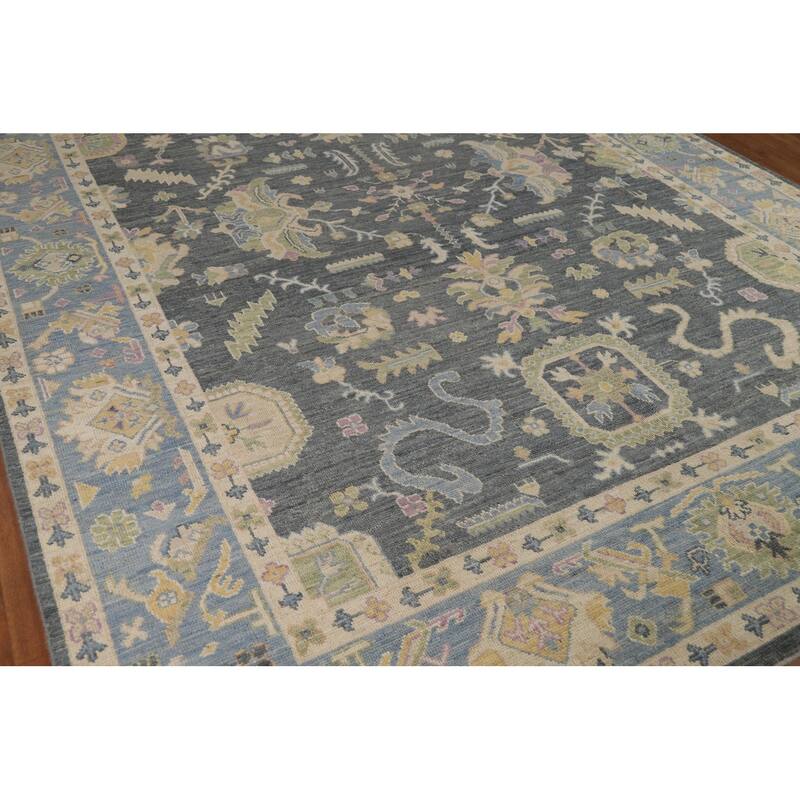 Vegetable Dye Floral Oushak Turkish Rug Hand-Knotted Grey Wool Carpet - 8'10" x 11'9"