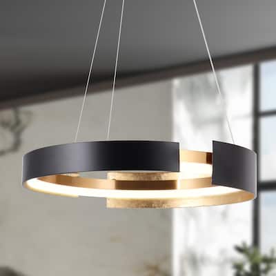 Modern 1-Light Black Gold LED Chandelier Round Metal Pendant Lights for Dining Room