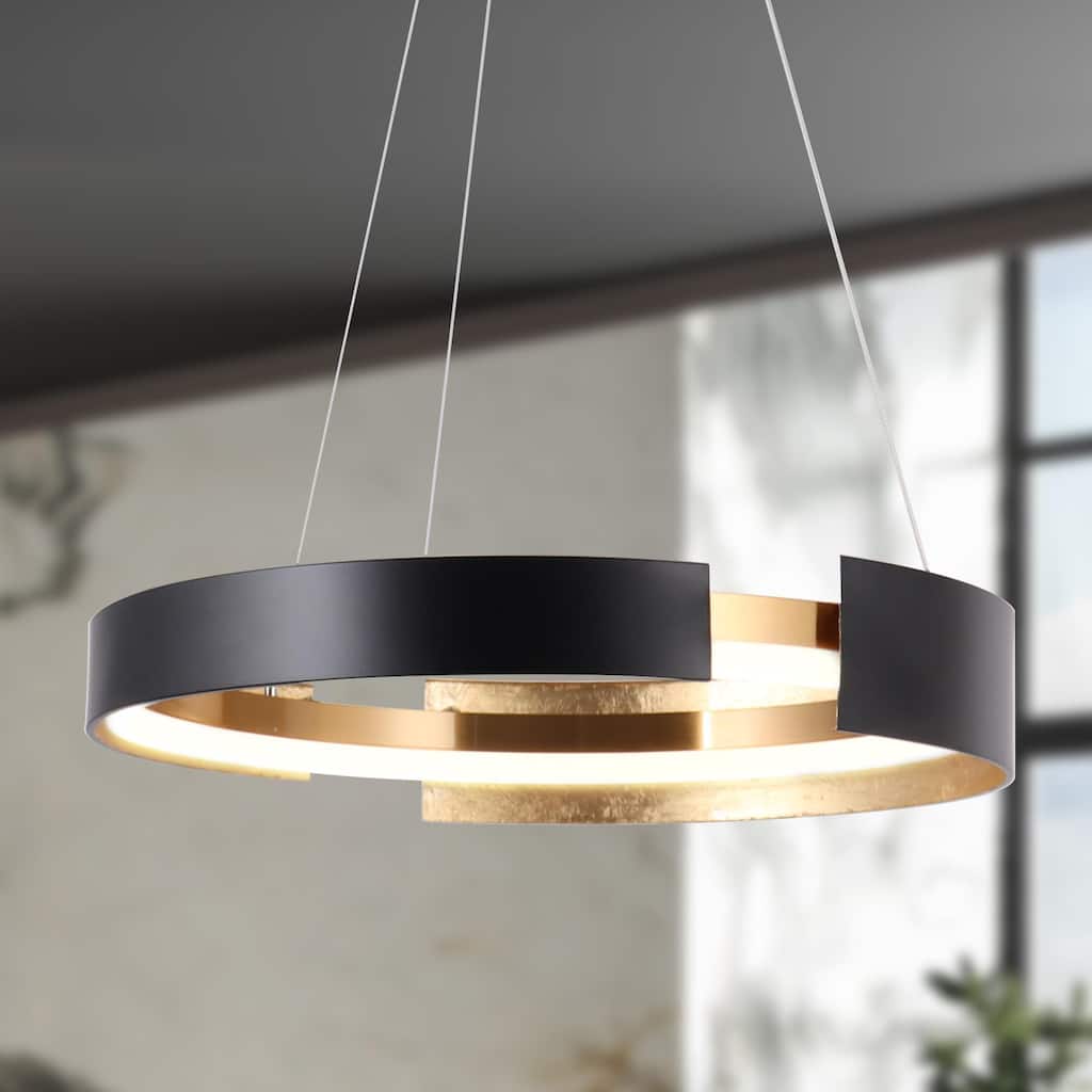 Modern 1-Light Black Gold LED Chandelier Round Metal Pendant Lights for Dining Room