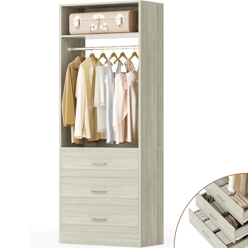 Kyrvo 24" Freestanding Closet Organizer System with Hanging Rod & Shelves,Heavy Duty Closet System with 3 Wood Drawers - White Oak