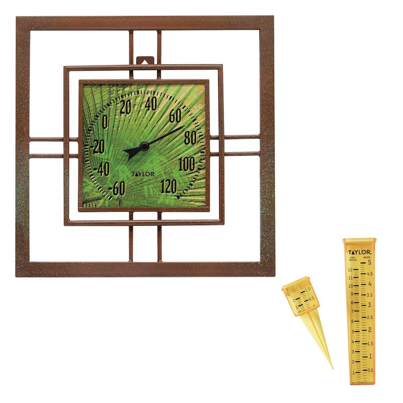 Taylor Bamboo Leaf Thermometer and Rain Sprinkler Gauge - Multicolored